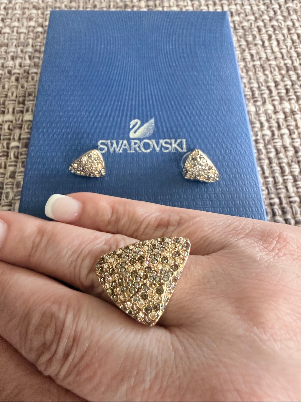 Swarovski Gold-Tone Pave Crystal Triangle Ring and Studs, Ring 55